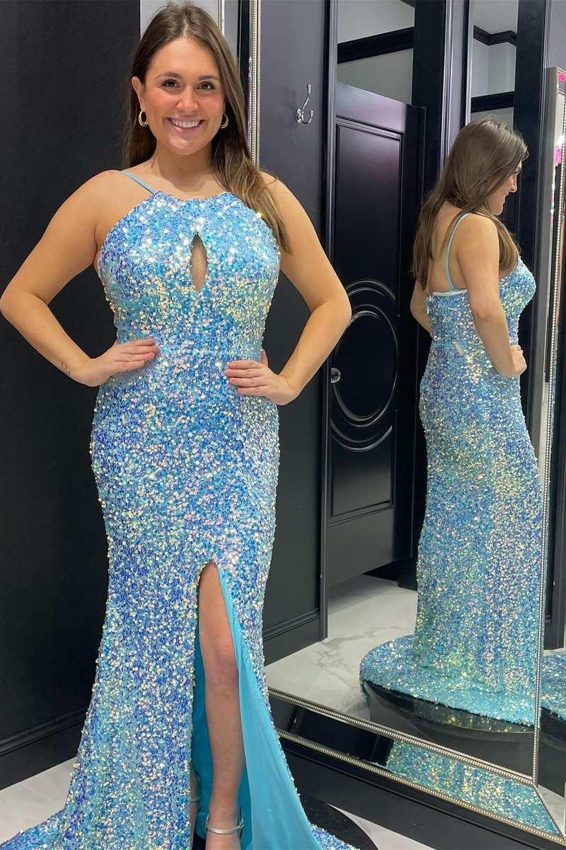 Vestido de fiesta de talla grande con lentejuelas iridiscentes, escote tipo sirena con abertura y abertura