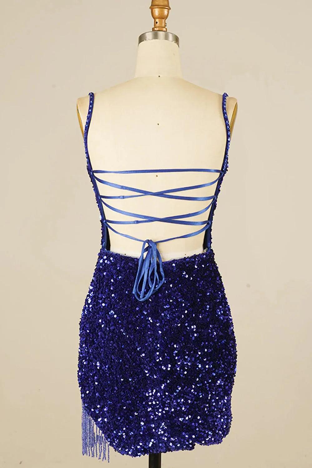 Vestidos de fiesta de talla grande con lentejuelas, tirantes finos, cortos y flecos