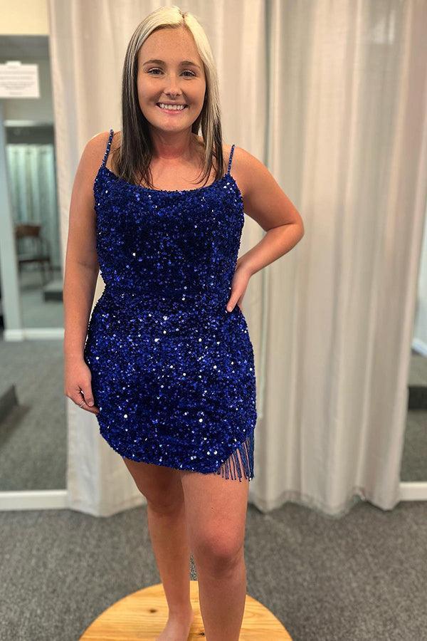 Vestidos de fiesta de talla grande con lentejuelas, tirantes finos, cortos y flecos
