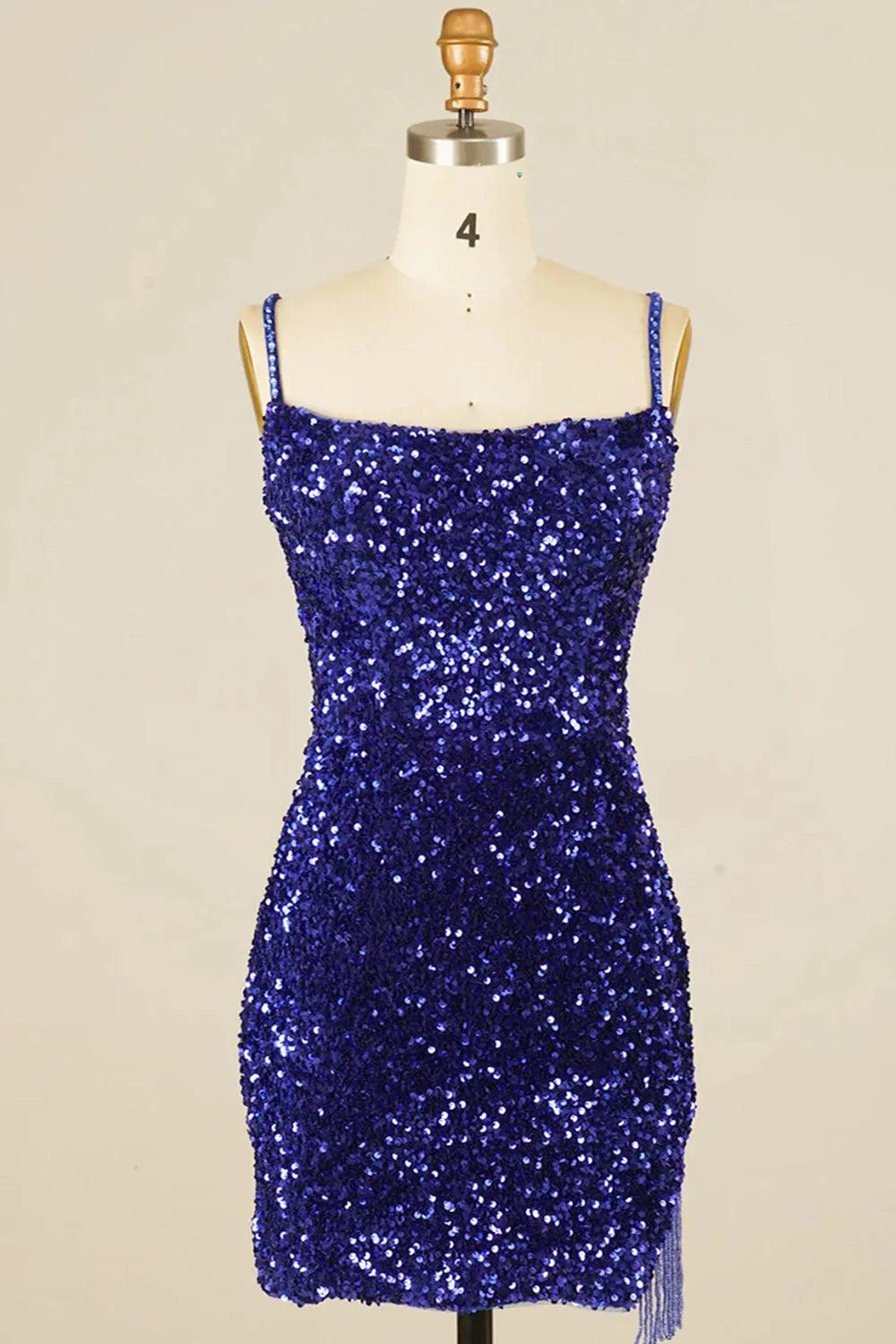 Vestidos de fiesta de talla grande con lentejuelas, tirantes finos, cortos y flecos