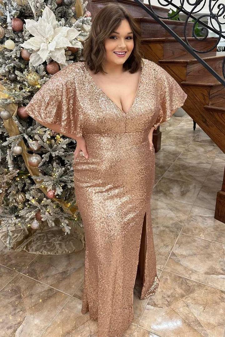 Vestido de fiesta de talla grande con lentejuelas, escote en V, volantes, largo con abertura