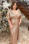 Vestido de fiesta de talla grande con lentejuelas, escote en V, volantes, largo con abertura