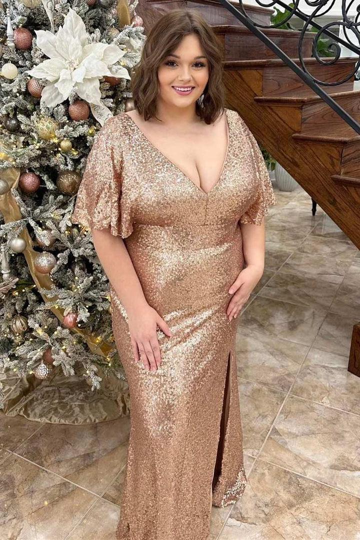 Vestido de fiesta de talla grande con lentejuelas, escote en V, volantes, largo con abertura