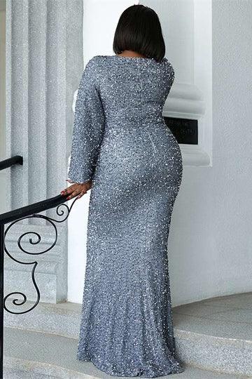 Vestido de fiesta de talla grande con escote en V y manga larga estilo sirena