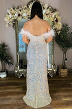 Vestido de fiesta de talla grande con lentejuelas, plumas, hombros descubiertos, tubo largo con abertura