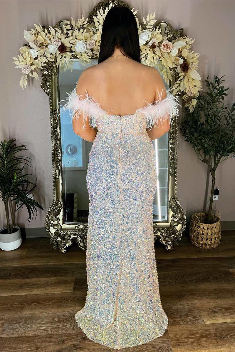 Vestido de fiesta de talla grande con lentejuelas, plumas, hombros descubiertos, tubo largo con abertura