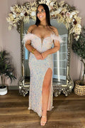 Vestido de fiesta de talla grande con lentejuelas, plumas, hombros descubiertos, tubo largo con abertura
