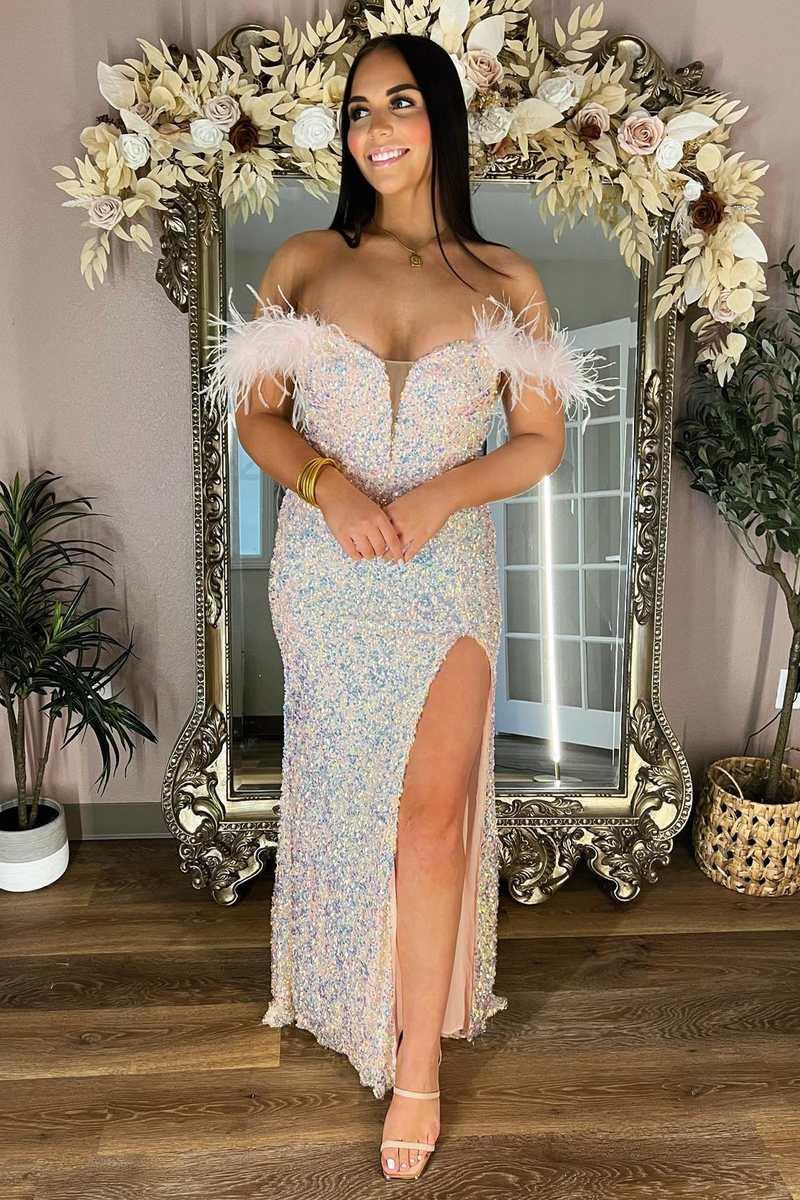 Vestido de fiesta de talla grande con lentejuelas, plumas, hombros descubiertos, tubo largo con abertura