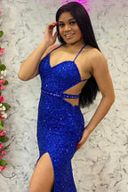 Vestido de fiesta de talla grande con lentejuelas de sirena largo con abertura