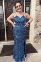 Vestido de fiesta de talla grande con lentejuelas de sirena largo con abertura