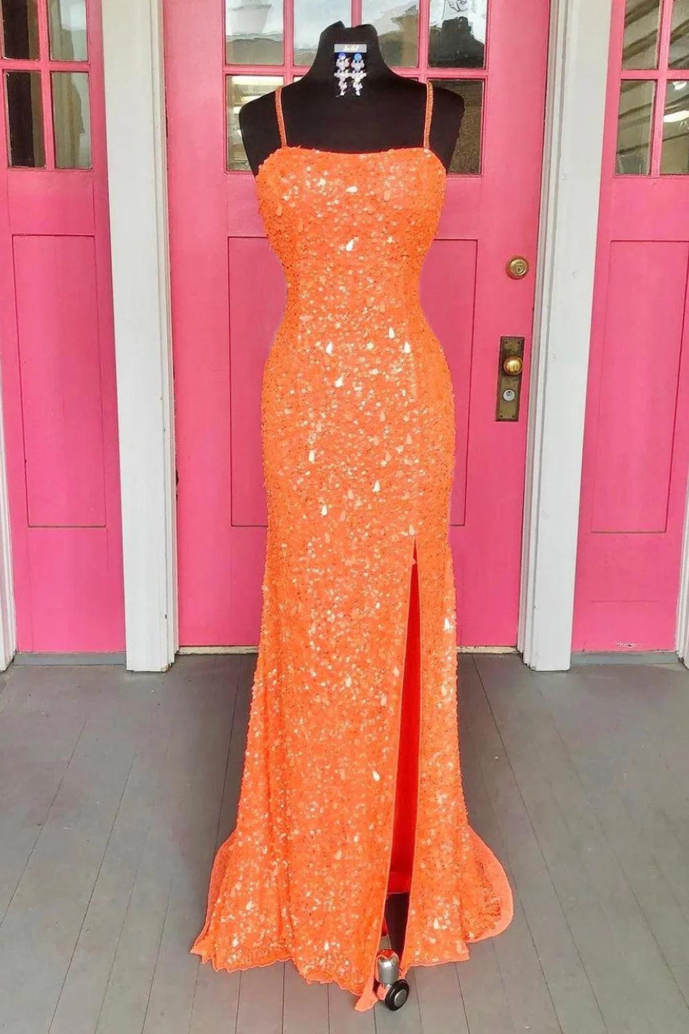 NumberSea-Plus Size Prom Dress Mermaid Spaghetti Straps Lace-Up Sequins with Slit