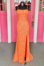 Plus Size Prom Dress  Mermaid Spaghetti Straps Lace-Up Sequins with Slit