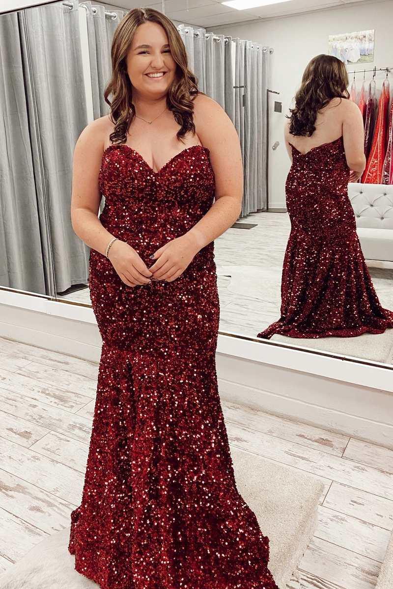Vestido de fiesta de talla grande con lentejuelas y plumas de sirena y hombros descubiertos, corte trompeta largo