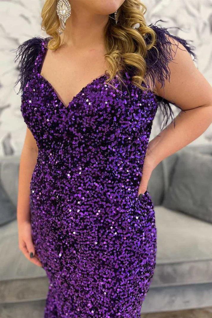Vestido de fiesta de talla grande con lentejuelas y plumas de sirena y hombros descubiertos, corte trompeta largo