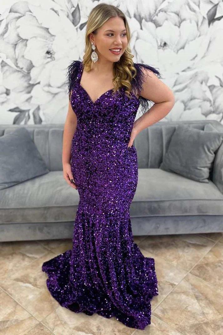Vestido de fiesta de talla grande con lentejuelas y plumas de sirena y hombros descubiertos, corte trompeta largo