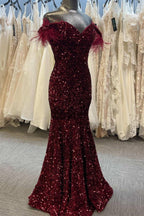 Vestido de fiesta de talla grande con lentejuelas y plumas de sirena y hombros descubiertos, corte trompeta largo
