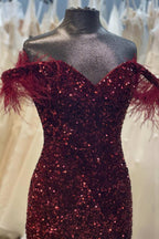 Vestido de fiesta de talla grande con lentejuelas y plumas de sirena y hombros descubiertos, corte trompeta largo