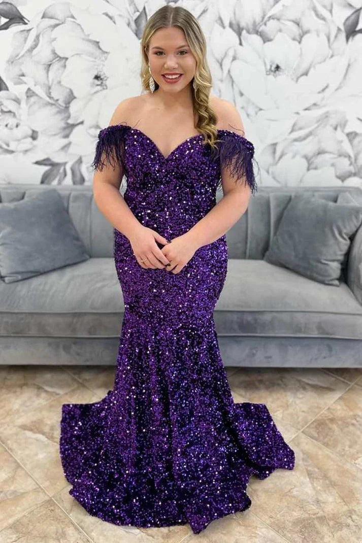 Vestido de fiesta de talla grande con lentejuelas y plumas de sirena y hombros descubiertos, corte trompeta largo
