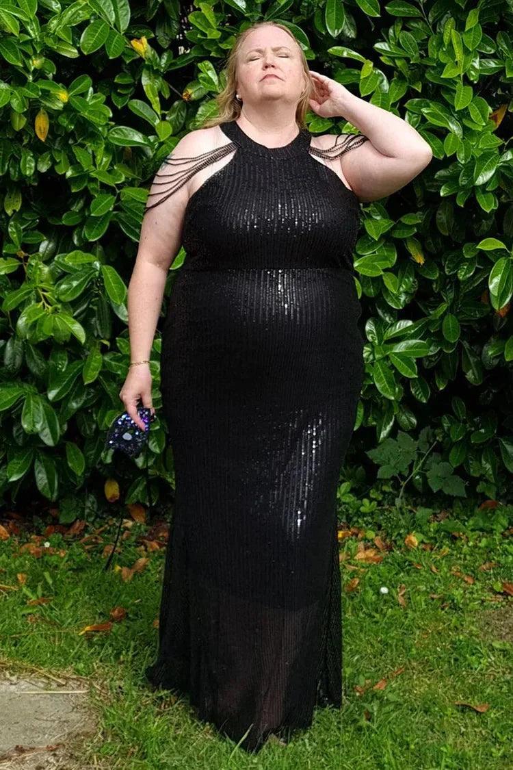 NumberSea-Plus Size Prom Dresses Mermaid Sleeveless Sequin Long