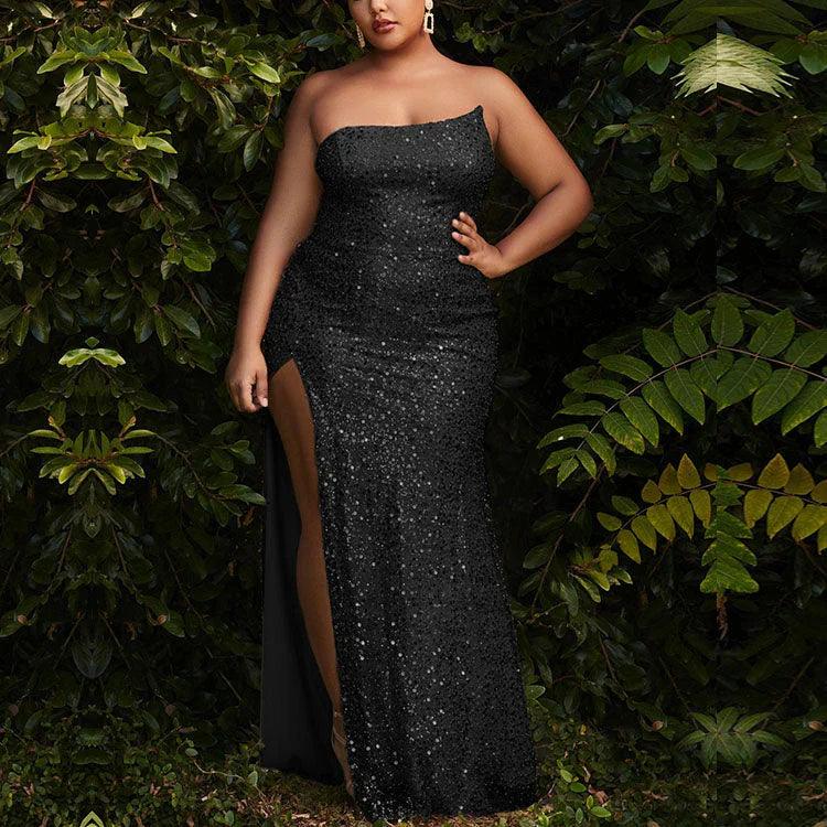 Vestidos de fiesta de talla grande con lentejuelas, sirena, sin tirantes y abertura