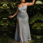 Vestidos de fiesta de talla grande con lentejuelas, sirena, sin tirantes y abertura