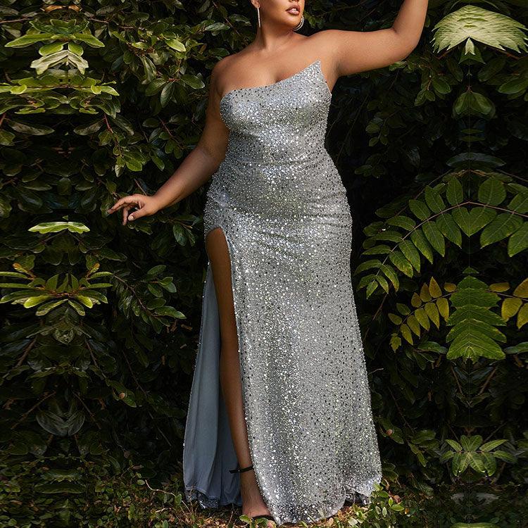 Vestidos de fiesta de talla grande con lentejuelas, sirena, sin tirantes y abertura
