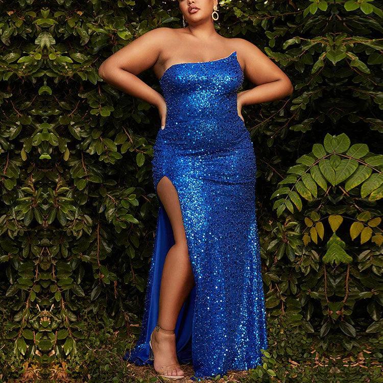 Vestidos de fiesta de talla grande con lentejuelas, sirena, sin tirantes y abertura