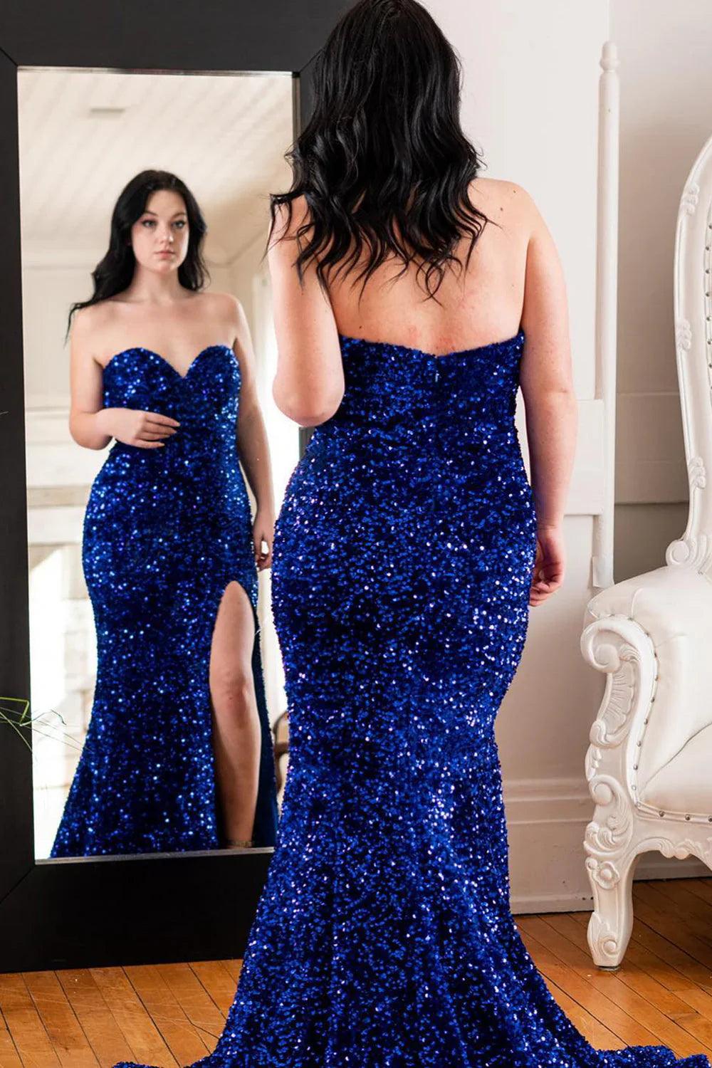 Vestidos de fiesta de talla grande, sirena, escote corazón, lentejuelas, largo con abertura