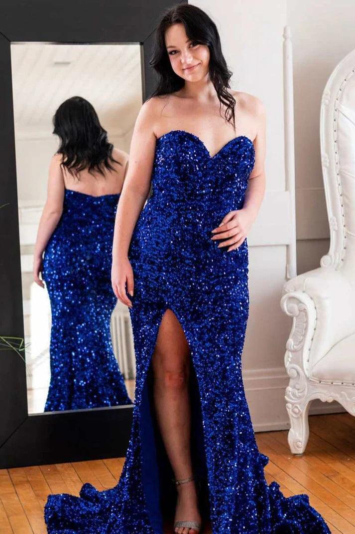 Vestidos de fiesta de talla grande, sirena, escote corazón, lentejuelas, largo con abertura