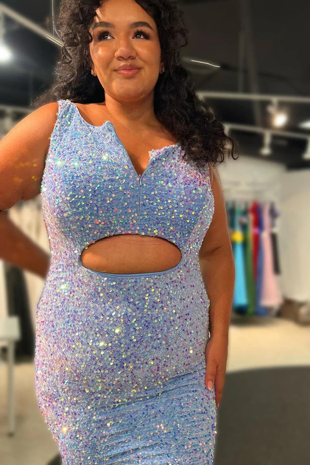Vestido de fiesta de talla grande con escote en V, sirena, lentejuelas y abertura en la parte delantera