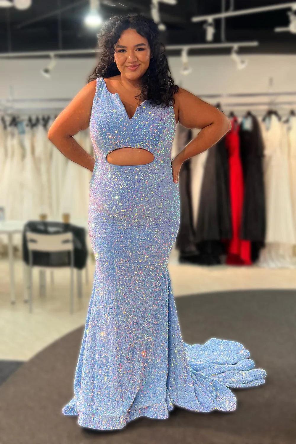 Vestido de fiesta de talla grande con escote en V, sirena, lentejuelas y abertura en la parte delantera