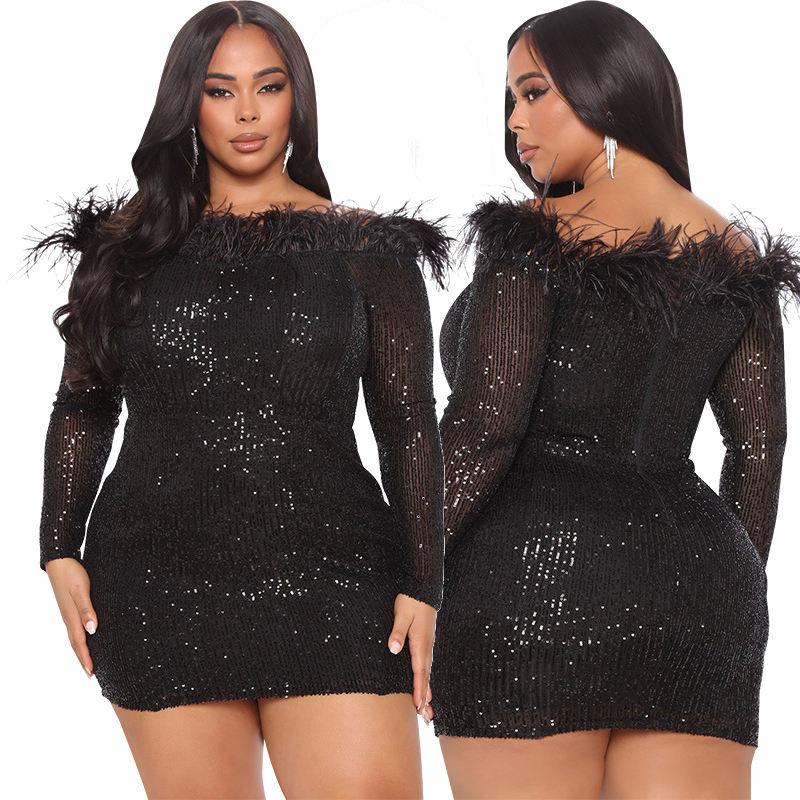 Vestidos de fiesta de talla grande con hombros descubiertos, lentejuelas, cortos y plumas