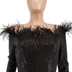 Vestidos de fiesta de talla grande con hombros descubiertos, lentejuelas, cortos y plumas