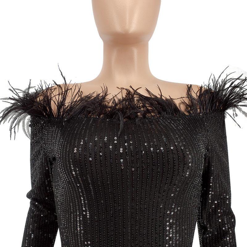 Vestidos de fiesta de talla grande con hombros descubiertos, lentejuelas, cortos y plumas