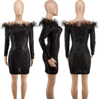 Vestidos de fiesta de talla grande con hombros descubiertos, lentejuelas, cortos y plumas
