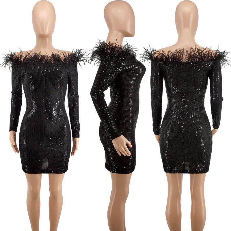 Vestidos de fiesta de talla grande con hombros descubiertos, lentejuelas, cortos y plumas