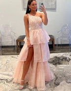 Vestido de fiesta de talla grande con un solo hombro, encaje, capas, largo con abertura