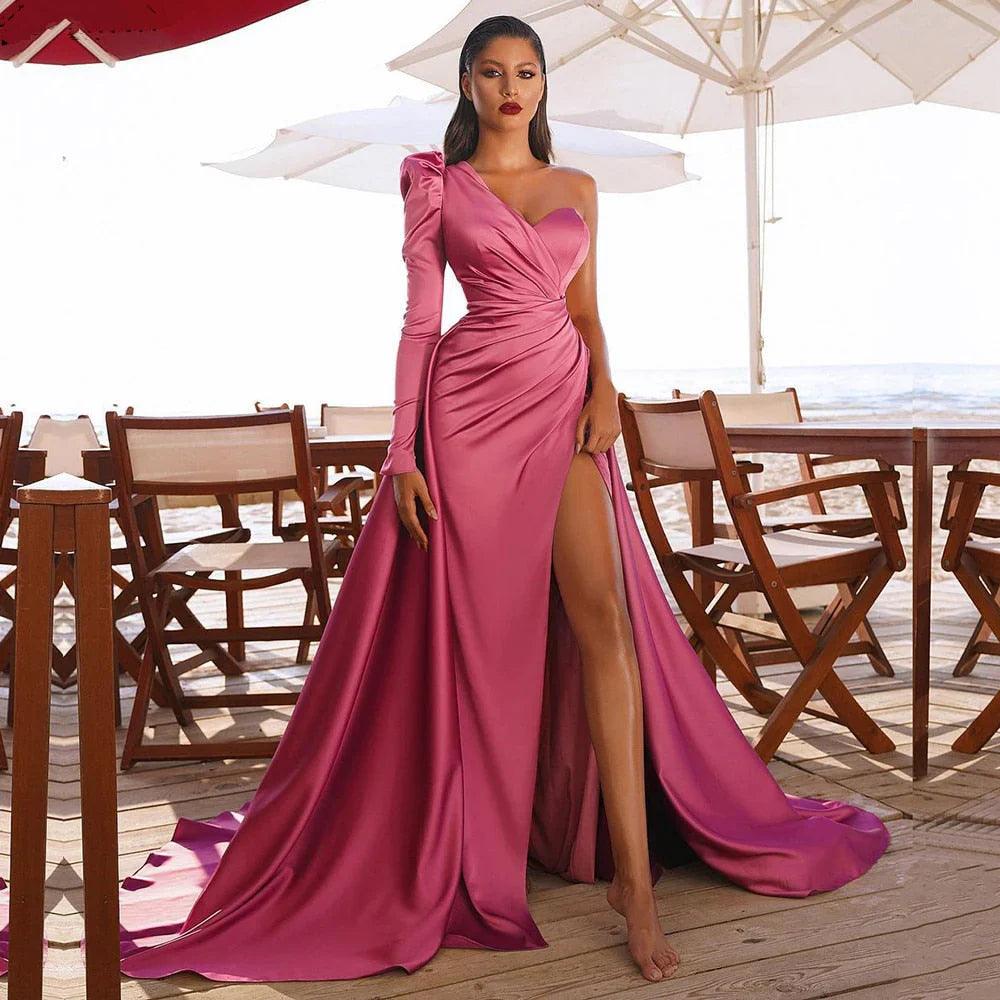 Vestidos de fiesta de talla grande, un hombro, corpiño fruncido, tubo de satén con abertura alta