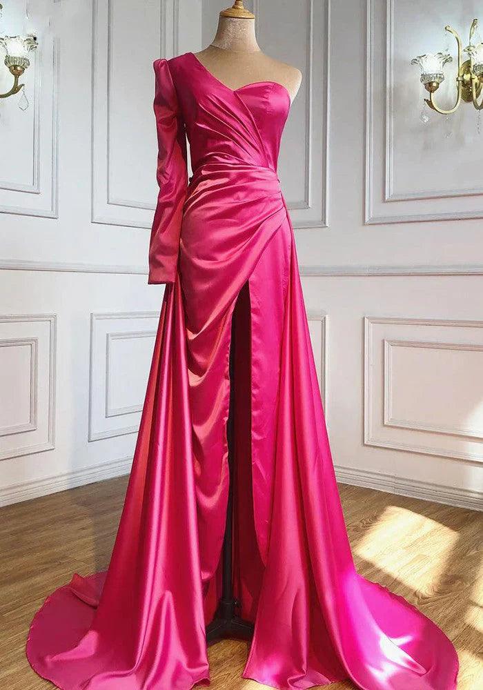 Vestidos de fiesta de talla grande, un hombro, corpiño fruncido, tubo de satén con abertura alta