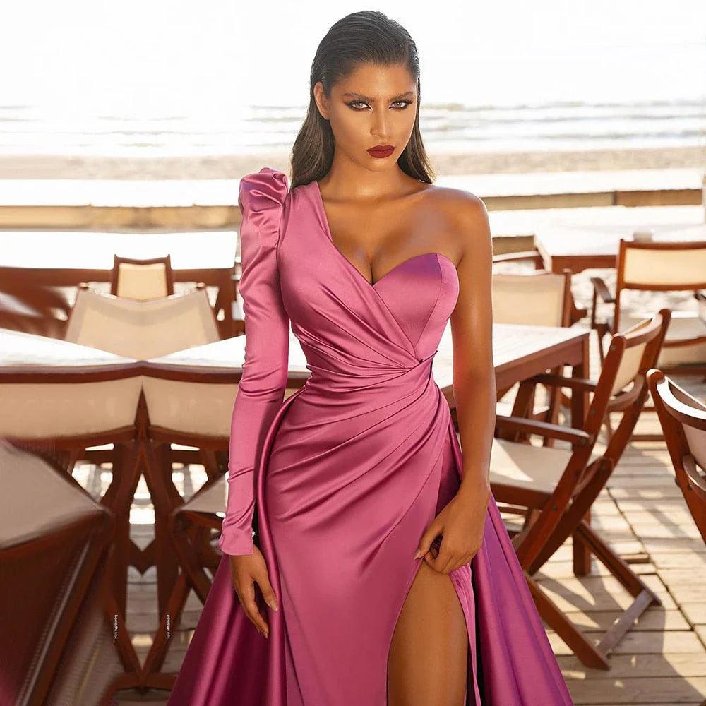 Vestidos de fiesta de talla grande, un hombro, corpiño fruncido, tubo de satén con abertura alta