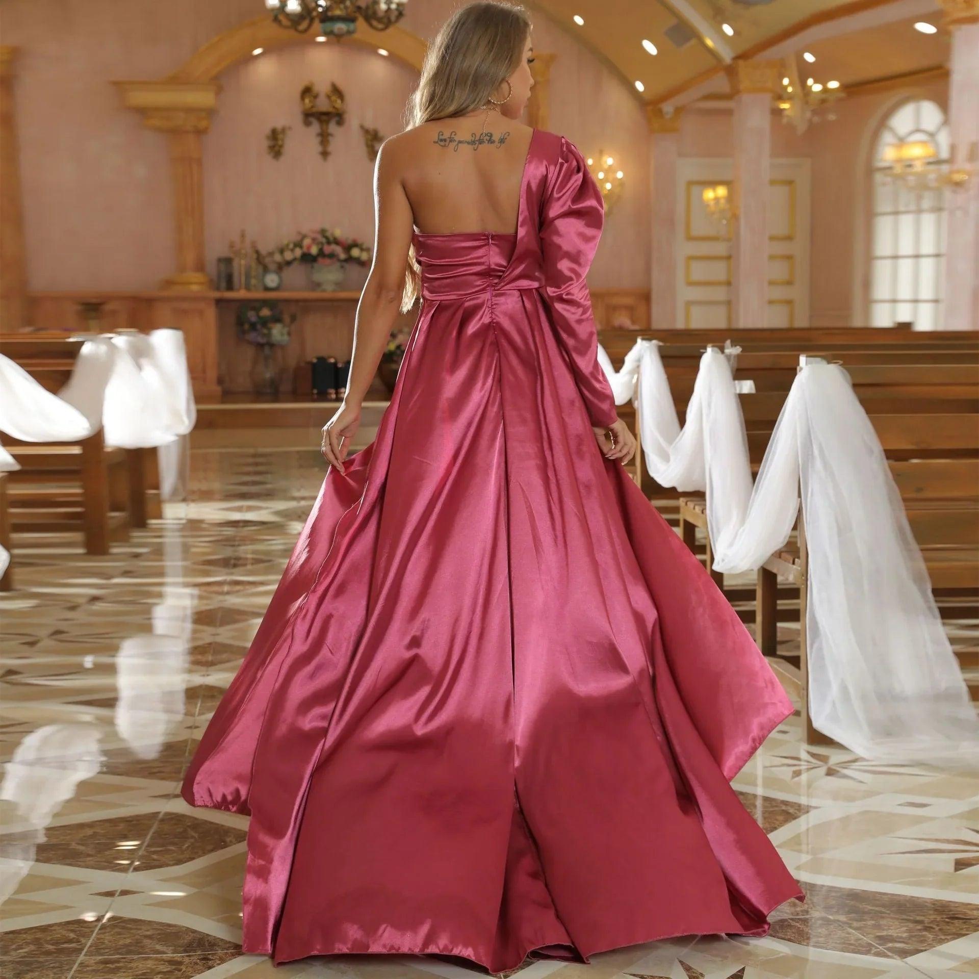Vestidos de fiesta de talla grande, un hombro, corpiño fruncido, tubo de satén con abertura alta