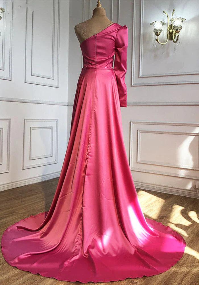 Vestidos de fiesta de talla grande, un hombro, corpiño fruncido, tubo de satén con abertura alta