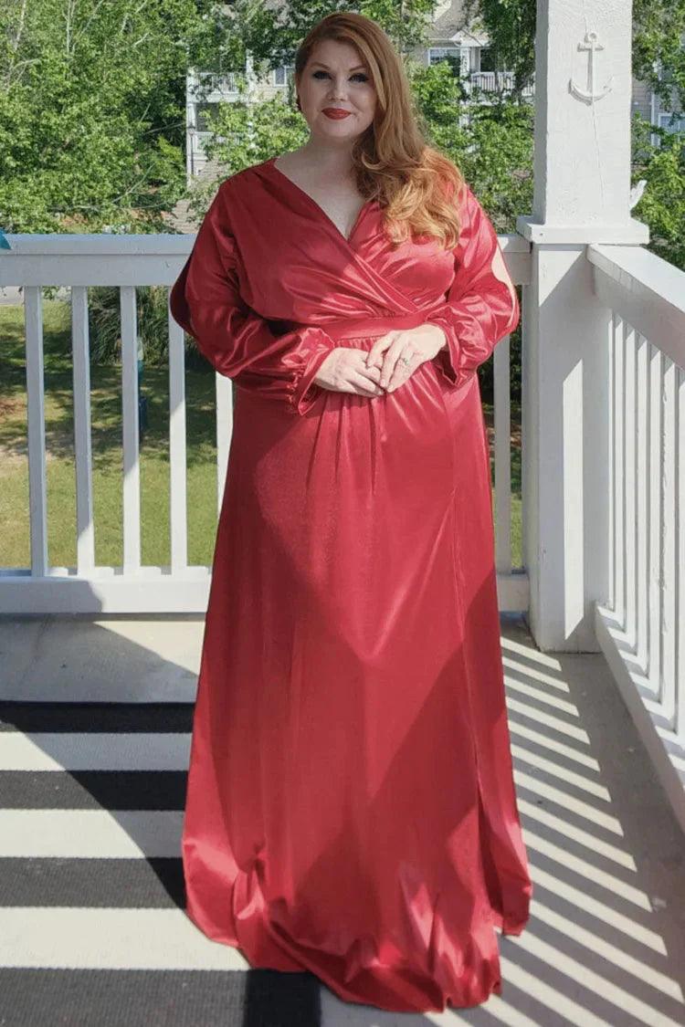 Vestido de fiesta de talla grande, manga larga, satén, escote en V y abertura