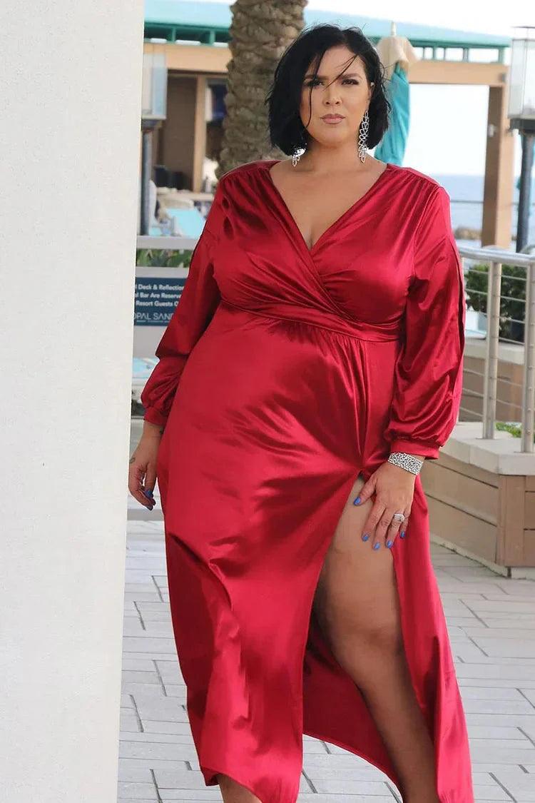 Vestido de fiesta de talla grande, manga larga, satén, escote en V y abertura