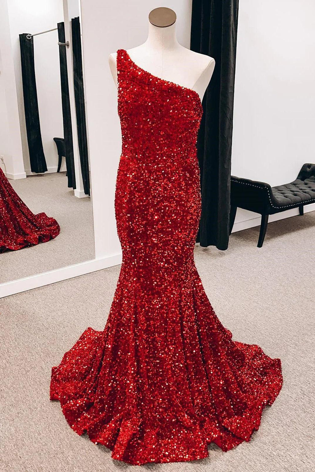 Vestido de fiesta de talla grande con lentejuelas, un hombro, sirena, largo
