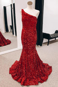 Vestido de fiesta de talla grande con lentejuelas, un hombro, sirena, largo