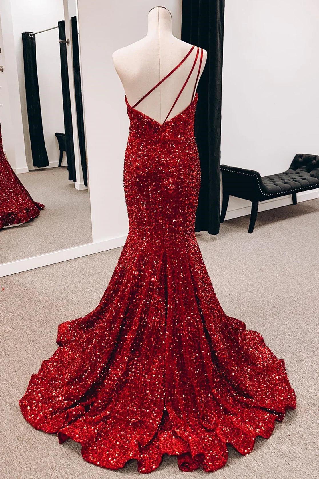 Vestido de fiesta de talla grande con lentejuelas, un hombro, sirena, largo