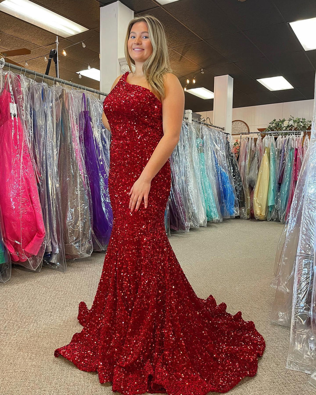 Vestido de fiesta de talla grande con lentejuelas, un hombro, sirena, largo