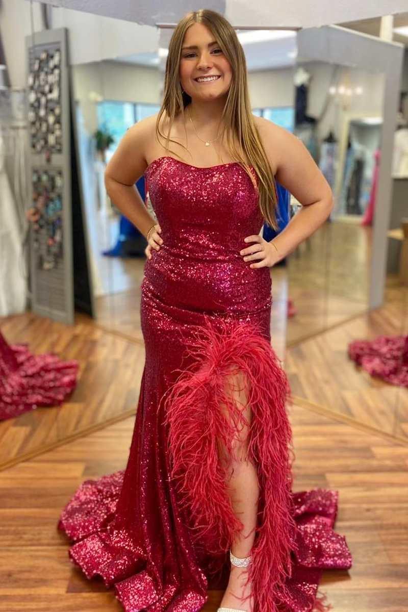 Vestido de fiesta de talla grande con lentejuelas, plumas, sin tirantes, sirena, largo con abertura
