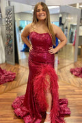 Vestido de fiesta de talla grande con lentejuelas, plumas, sin tirantes, sirena, largo con abertura